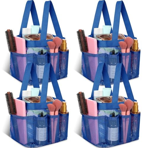 4 Pcs Mesh Shower Caddy Portable Large Quick Dry Shower Caddy Basket with Deeper 8 Pockets and 2 Handles Hanging Bag for College Dorm Room(Navy Blue)