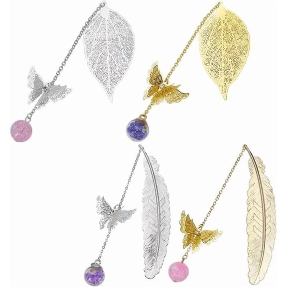 4 Pcs Metal Bookmarks DIY for Women 4 Styles Leaf and Feather Bookmarks Decorative with Butterfly and Colorful Glass Beads DIY for Graduation Party Teacher Appreciation Gifts Readers Book Lover