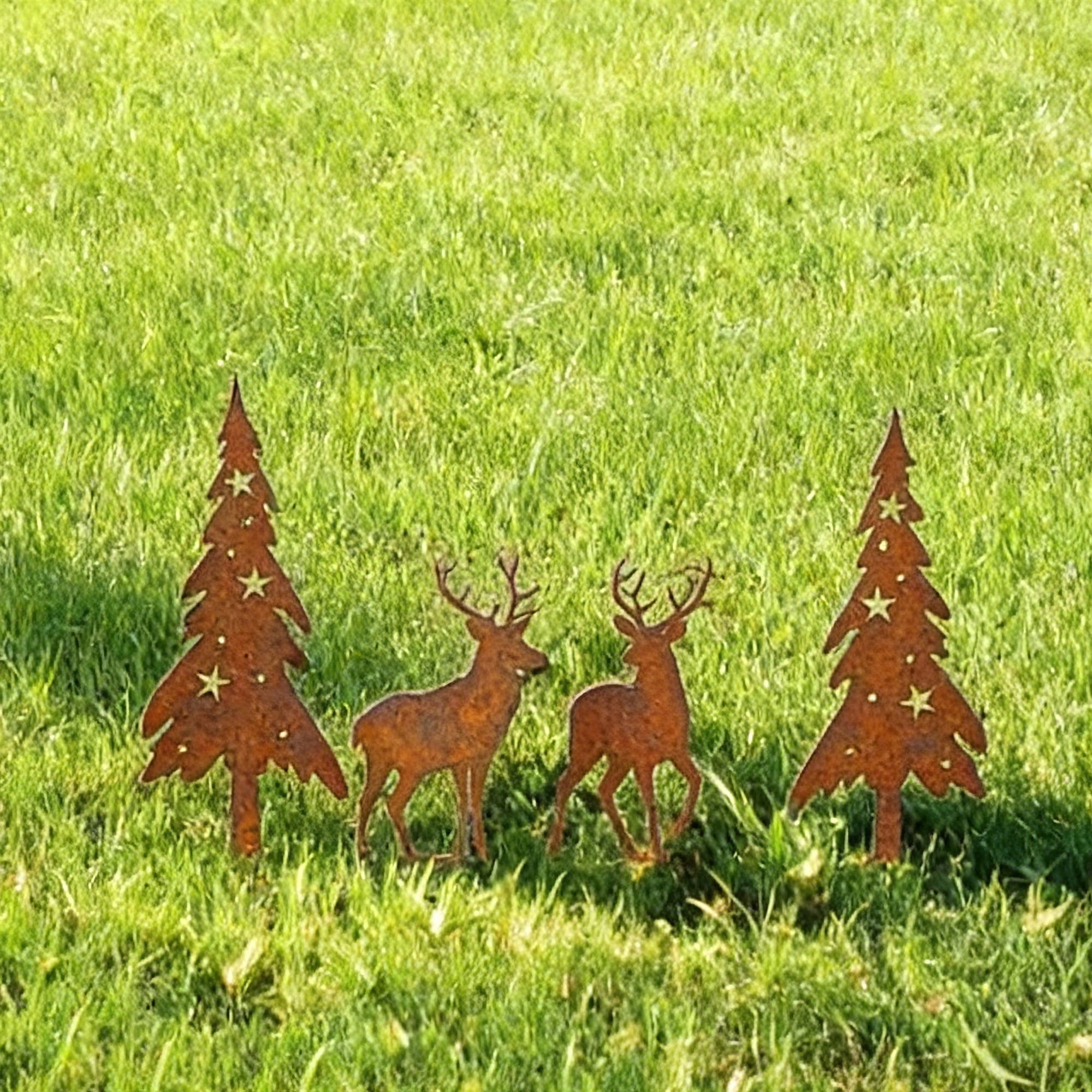 4 Pcs Metal Deer and Tree Sculpture Set Rustic Garden Statues,Cute Animal Silhouette Yard Art for Yard Art, Outside, Patio, Outdoor Decor, Garden Decorations, Lawn Ornaments