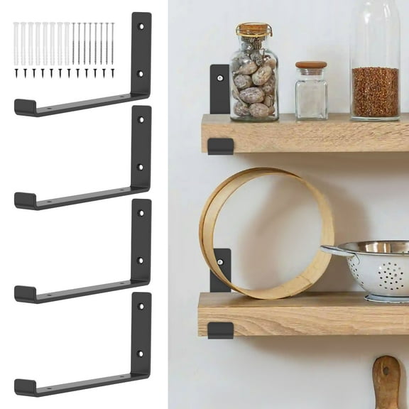 4 Pcs Metal Floating Shelf Bracket with Lip Heavy Duty Wall Shelf Bracket with Mounting Hardware for Kitchen Study or DIY Black