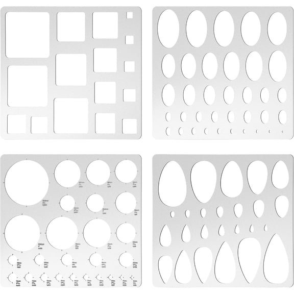 4 Pcs Metal Geometric Stencils Set Circle Ellipse Square Teardrop Templates for Drafting Round Stencil Jewelry Making Art Oval Tool Metric Ruler for Office and DIY Bracelets Earrings Craft