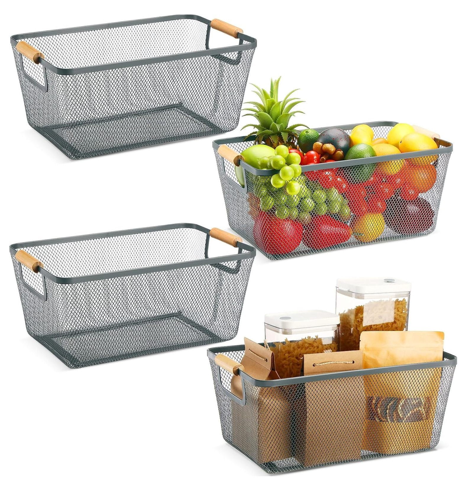 4 Pcs Metal Mesh Wire Baskets for Organizing with Wooden Handles, Large ...