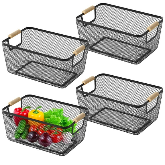 4 Pcs Metal Mesh Wire Storage Baskets, Black Small Desktop Bin Set, Dual Handle Wire Basket, Iron Bamboo Construction, Ideal for Kitchen Home Office Organization