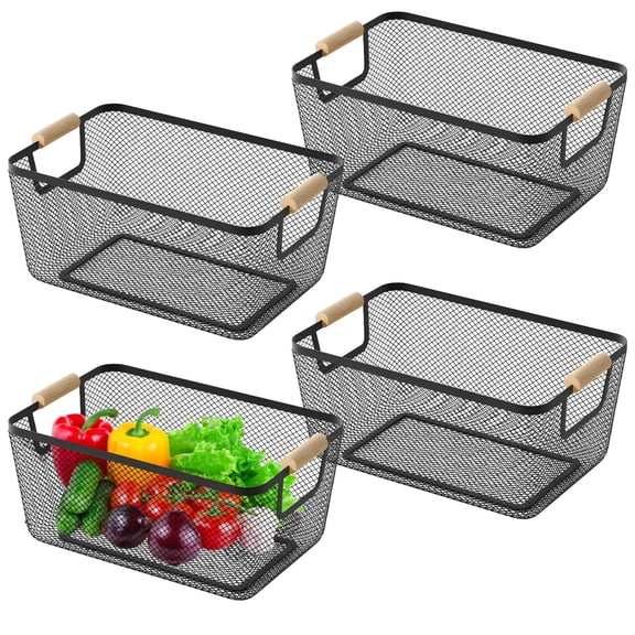 4 Pack Metal Mesh Wire Storage Baskets – Small Black Desktop Bin Set, Dual Bamboo Handles, Rust-Resistant Iron, Stackable for Kitchen, Home Office & Pantry Organization