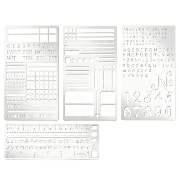4 Pcs Metal Planner Stencil Journal Engraving Small Letter Stencils for Journaling, Bookmarks, Rulers, Planners,