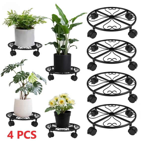 4-Pack Metal Plant Caddy Plant Stands with Wheels, 12 Inch Heavy Duty Iron Round Flower Pot Roller Base Plant Dolly with Casters, Load Capacity 110 lbs, Black