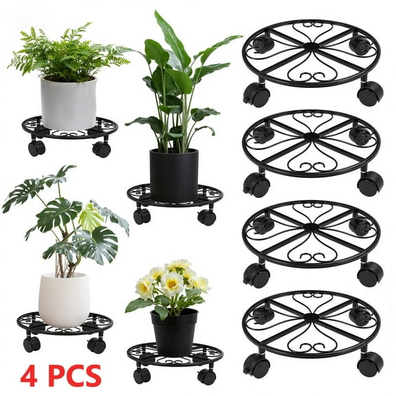 4-Pack Plant Caddy Plant Stands with Wheels, 11.8-Inch Heavy Duty Metal Round Indoor Outdoor Container Plants Flower Pot Roller Base with Casters, Load Capacity 110 lbs, Black