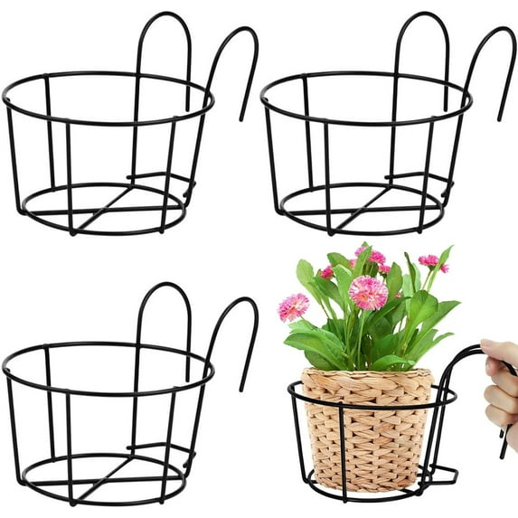 4 Pcs Metal Potted Stand,Round Flower Stand,Round Plant Baskets Shelf,Fence Hanging Railing Plant Pot,Railing Planters Flower Pot,Suitable for Balcony,Garden,Fence,Indoor And Outdoor