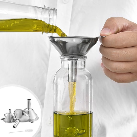 4 Pcs Metal Stainless Steel Funnel, Large Small Funnel Set of 3, Food Grade Mini Funnels for Kitchen Use Filling Bottles Flask Cooking, 1 Brushes