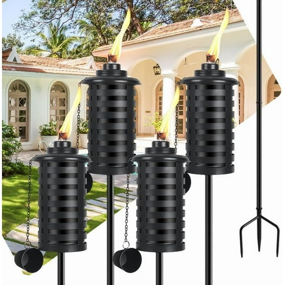 4 Pcs Metal Torch for Outside, 16oz Outdoor Metal Torch Garden Décor,59-Inch Upgraded Citronella Torches with 3-Prong Grounded Stake, Table Top Torches for Party Patio Pathway