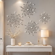4 Pcs Metal Wall Art, Silver Starburst Wall Decor with Crystal Accents, Modern Wall Sculptures for Living Room, Bedroom & Entryway, Ideal Housewarming Gift Wall Decor