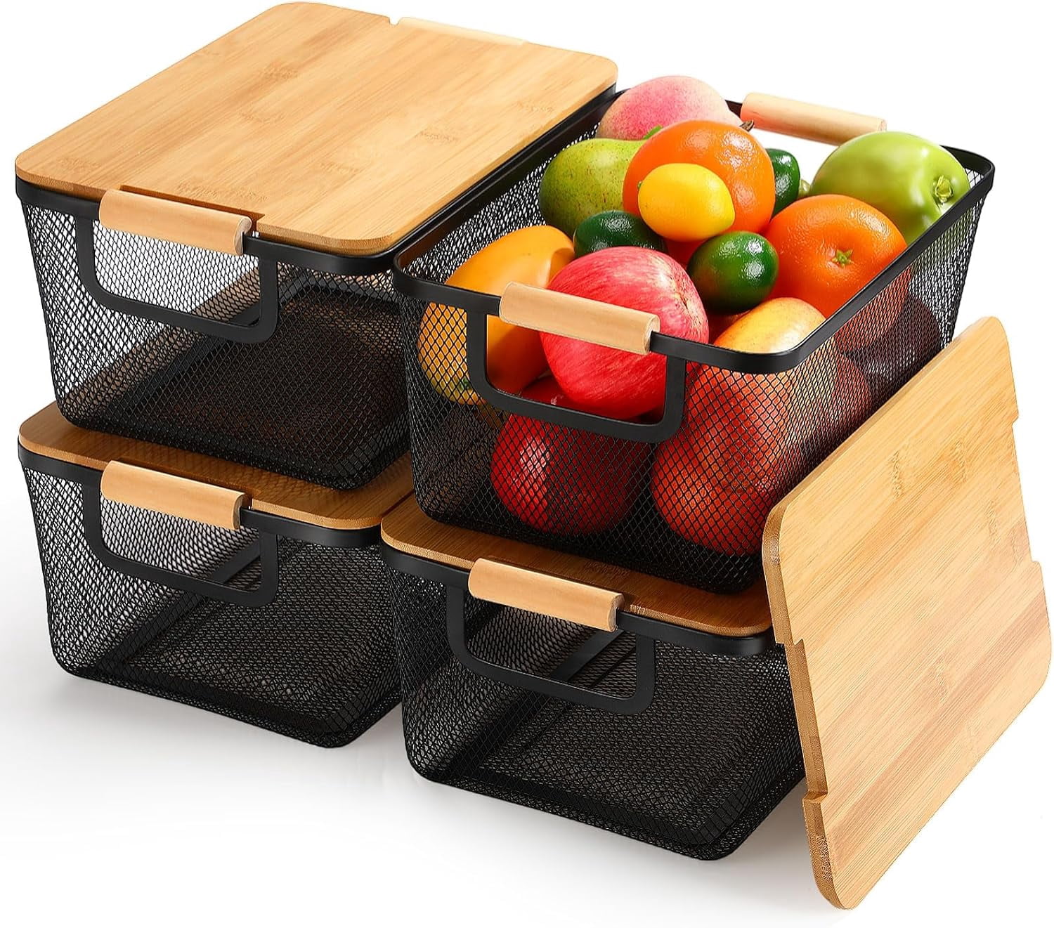 4 Pcs Metal Wire Basket with Wooden Handles and Bamboo Lids 12.2 x 8.27 x 5.51" Mesh Steel Basket Stackable Storage Bins Organizer Containers for Vegetables Fruit Home Cabinet Pantry(Black)