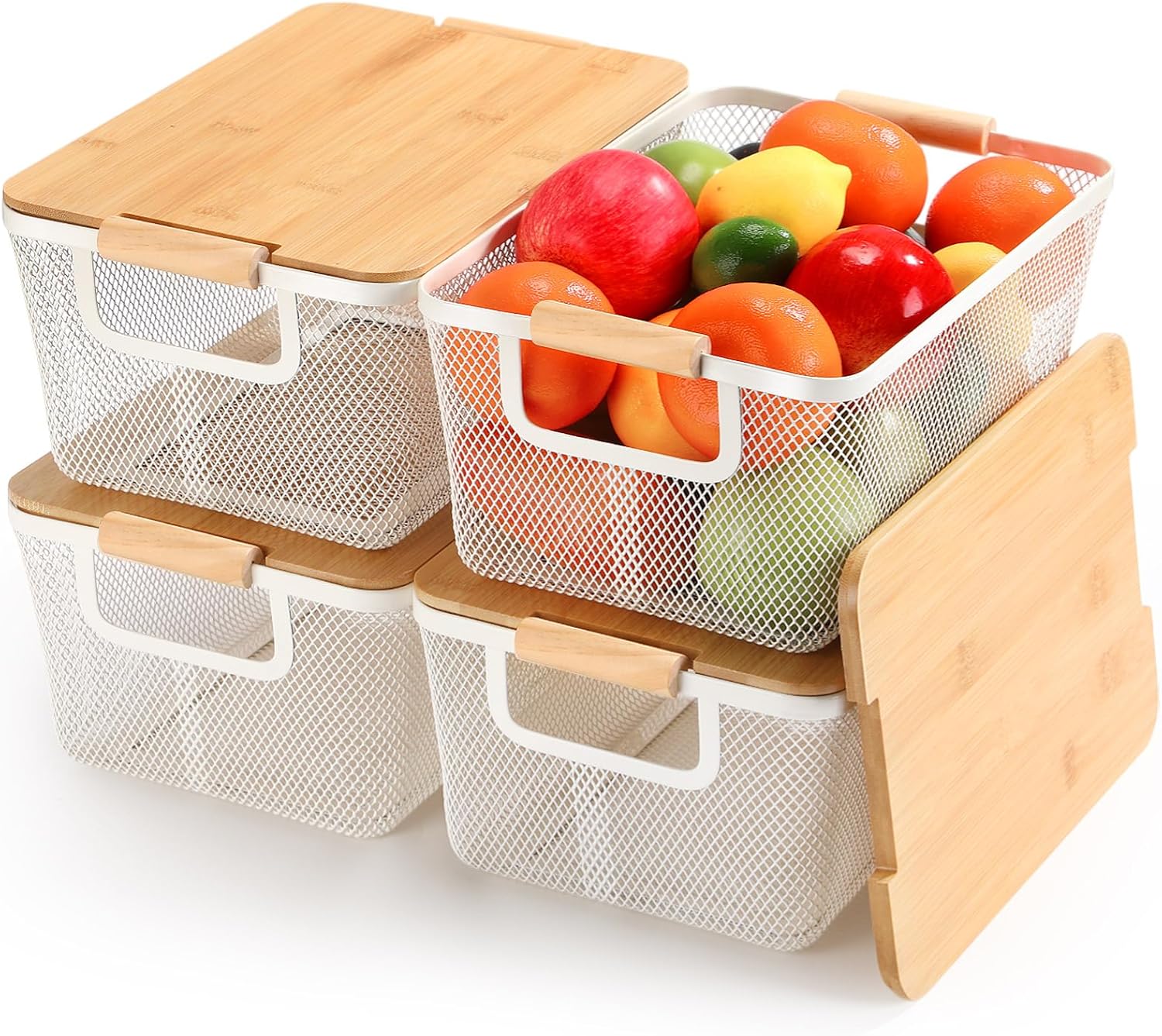 4 Pcs Metal Wire Basket with Wooden Handles and Bamboo Lids 12.2 x 8.27 x 5.51" Mesh Steel Basket Stackable Storage Bins Organizer Containers for Vegetables Fruit Home Cabinet Pantry(White)