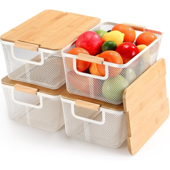 4 Pcs Metal Wire Basket with Wooden Handles and Bamboo Lids 12.2 x 8.27 x 5.51" Mesh Steel Basket Stackable Storage Bins Organizer Containers for Vegetables Fruit Home Cabinet Pantry(White)