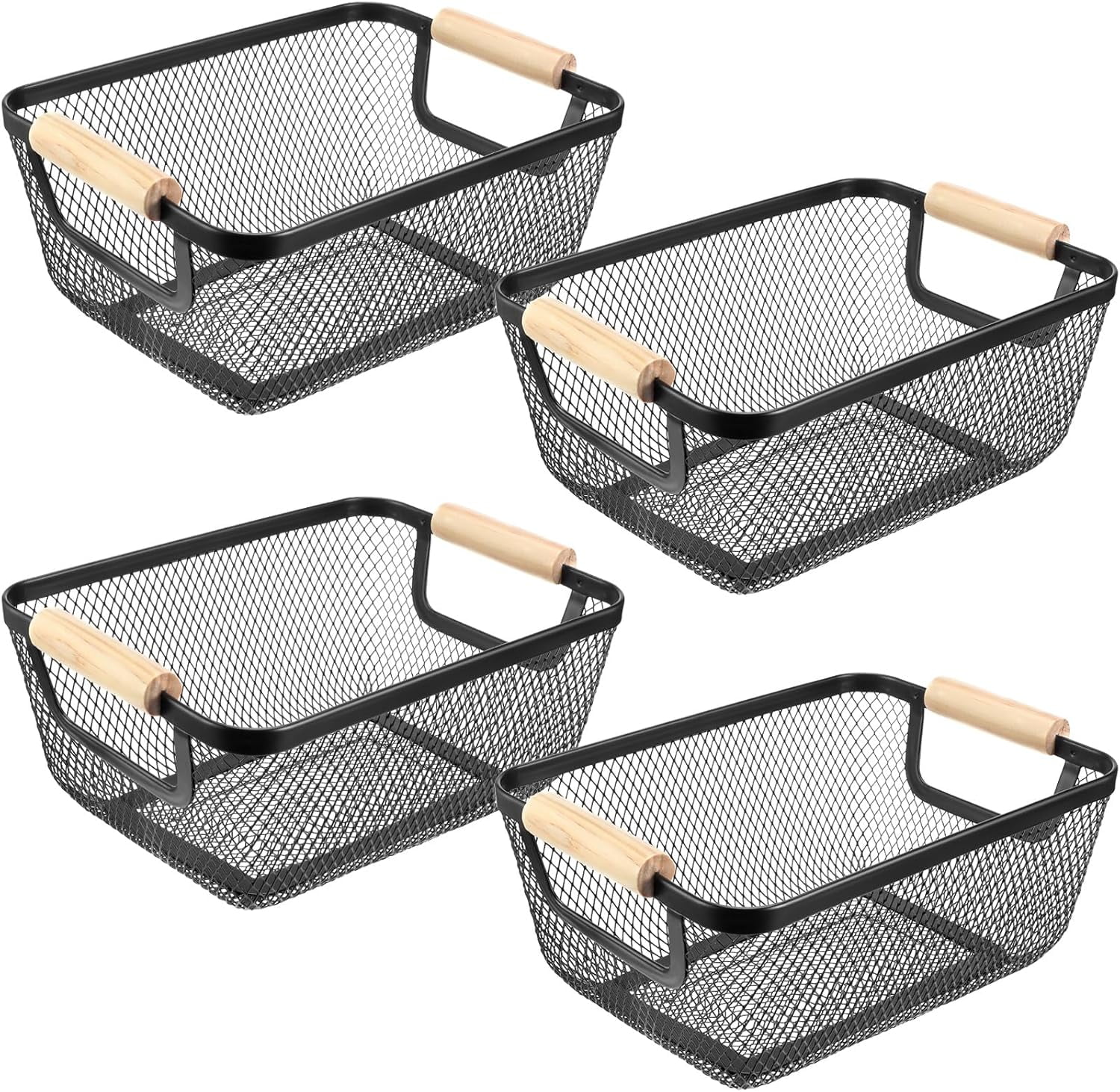 4 Pcs Metal Wire Basket with Wooden Handles Mesh Steel Storage Baskets ...