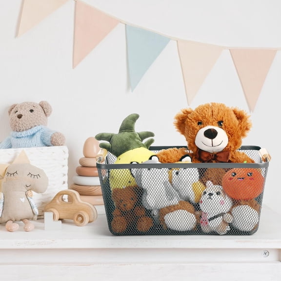 4 Pcs Metal Wire Basket with Wooden Handles Mesh Steel Storage Organizer Bin Containers for Home Organizing Cabinet Pantry Closet Kitchen Fridge Fruit Makeup Snacks Gifts(Large,Dark Gray)