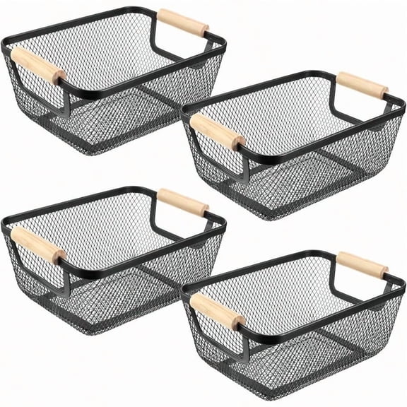 4 Pcs Metal Wire Basket With Wooden Handles Mesh Steel Storage Organizer Bin Containers For Home Organizing Cabinet Pantry Closet Kitchen Fridge Fruit Makeup Snacks Gifts SmallBlack