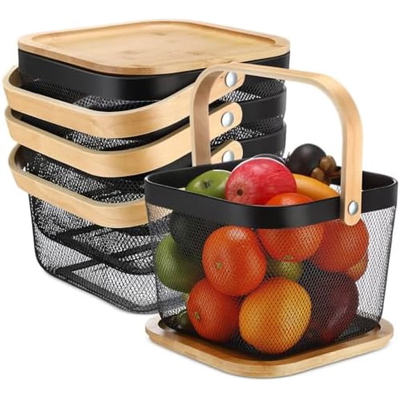 4 Pcs Metal Wire Mesh Fruit Basket with Lid and Handles Black Harvest Basket Fly-proof Fresh Vegetable Storage Bins Stackable for Gathering Kitchen Garden Picnic Shopping 9.6 x 9.6 x 7 Inch