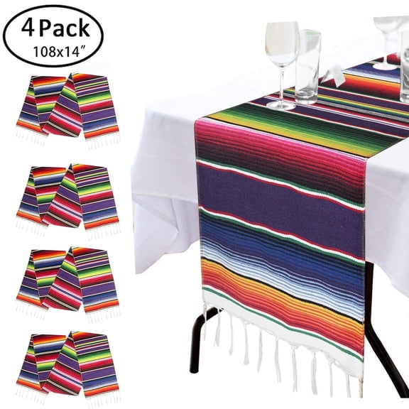 4Pack Mexican Table Runner 108" x 14" Mexican Serape Table Runner for Mexican Party Wedding Decorations, Fringe Cotton Table Runner