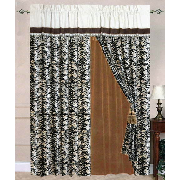 4 Pcs Micro Suede Flocking Tiger Safari Pattern Curtain Drape Lining Valance Set
