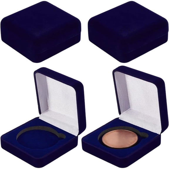 4 Pcs Midnight Blue Velvet Presentation Box Inner Diameter 1.9 inch Velvet Badge Storage Gift Boxes Square Badge Presentation Display Box Single Emblem Badge Display Box Blue