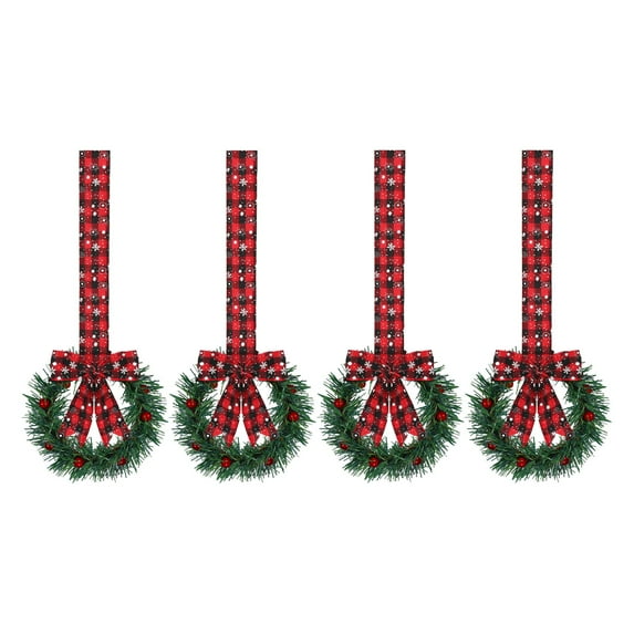 4 Pcs Mini Christmas Kitchen Cabinet Wreaths with Ribbon – 5.12 Inch Small Artificial Christmas Wreaths for Door, Window, or Home Holiday Décor (Snowflake Plaid Style), Wreaths