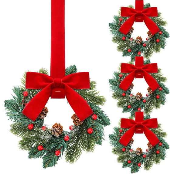 4 Pcs Mini Christmas Wreaths for Cabinet Kitchen Windows Decors Bulk with Red Bow Small Artificial Norfolk Farmhouse Wreaths with Berry Pine Cone for Fireplace Front Door Porch Wall Hanging