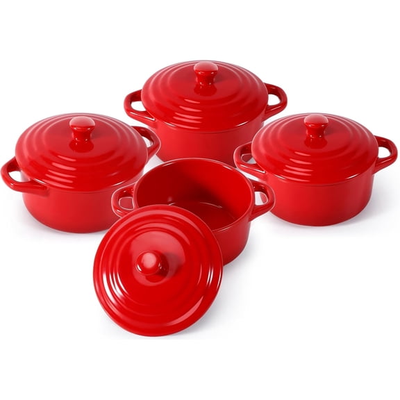 4 Pcs Mini Cocotte Set, 16Oz Small Ceramic Casserole with Lids, Durable Soup Pot with Handle, Individual Baking Ramekins, Microwave, Oven & Dishwasher Safe, Red