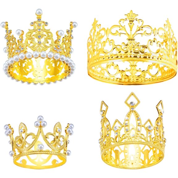 4 Pcs Mini Crown , Small Birthday Tiara Decorations with Rhinestones Pearls, Metal Crown for Flower Bouquet, Birthday, Wedding, Bridal Shower, Baptism(Gold,Classic Style)