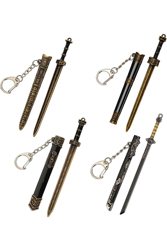 4 Pcs Mini Katana Keychain Chinese Ancient Mini Sword Keychain Metal Katana Toy Model with Pull Out Mini Sword Shaped Letter Parcel Opener Sword Ornaments