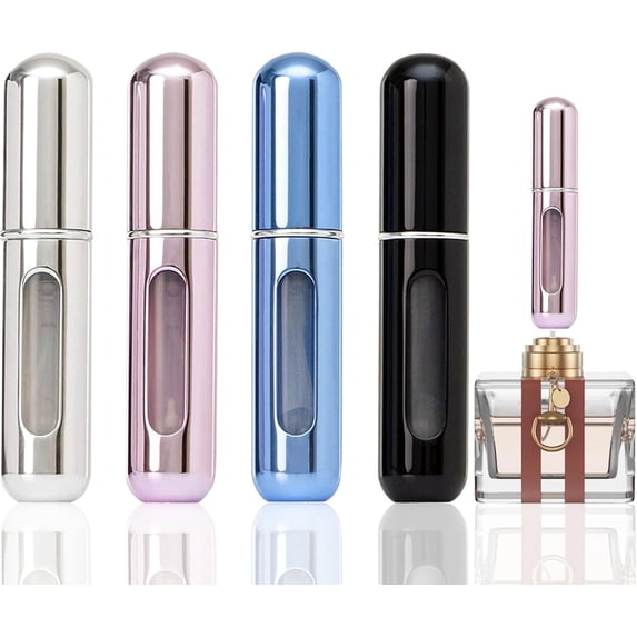 4 Pcs Mini Perfume Atomizer Refillable Bottle, 5ml Portable Bottom Fill Scent Dispenser, Leak-Proof Cologne Travel Spray Pump for Purse & Luggage (Silver/Pink/Blue/Black)