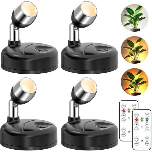 4 Pcs Mini Rechargeable Spotlights with 2 Remote Control Indoor Plant Wireless LED Spot Lights Rotatable Dimmable Accent Picture Lights for Wall Artwork Painting Display (Black