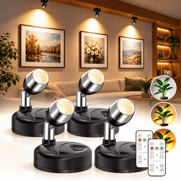 Battery Operated Spotlight Indoor 4 Pack LED Accent Lights with Remote & Touch Control Dimmable Picture Light 3 Color Modes Timer Function Art Display Wall Spotlight