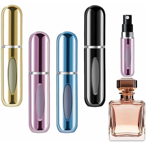 4 Pcs Mini Refillable Perfume Portable Atomizer Bottle, 5ml Bottom-Fill Perfume Spray Scent Dispenser, Leak-Proof Travel Pump for Cologne, Aftershave & Purse (Gold/Pink/Blue/Black/)