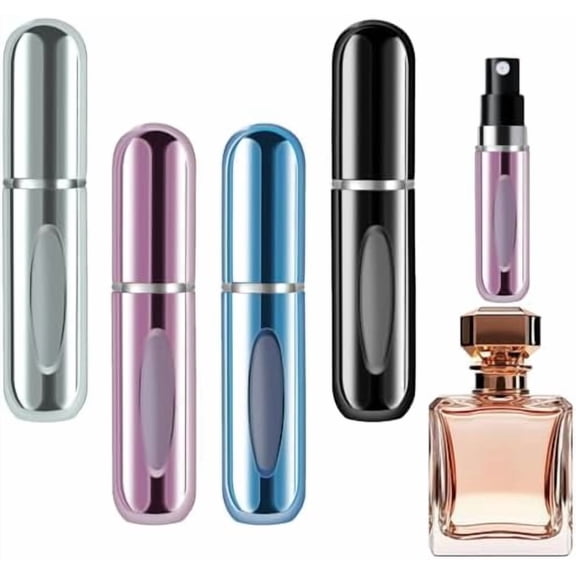 4 Pcs Mini Refillable Perfume Portable Atomizer Bottle, 5ml Bottom-Fill Perfume Spray Scent Dispenser, Leak-Proof Travel Pump for Cologne, Aftershave & Purse (Silver/Pink/Blue/Black/)