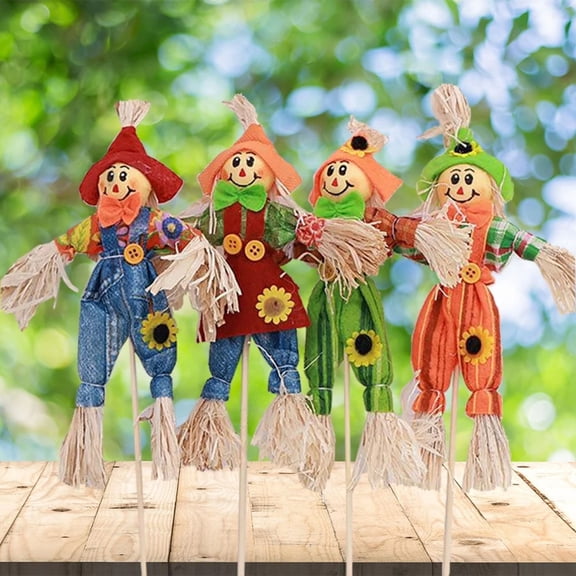 4 Pcs Mini Scarecrow Figurines Assorted Hay-Stuffed & Burlap Scarecrows, Cute Rustic Harvest Decor for Tabletop, Wreath Accent, Favor or Diorama Prop