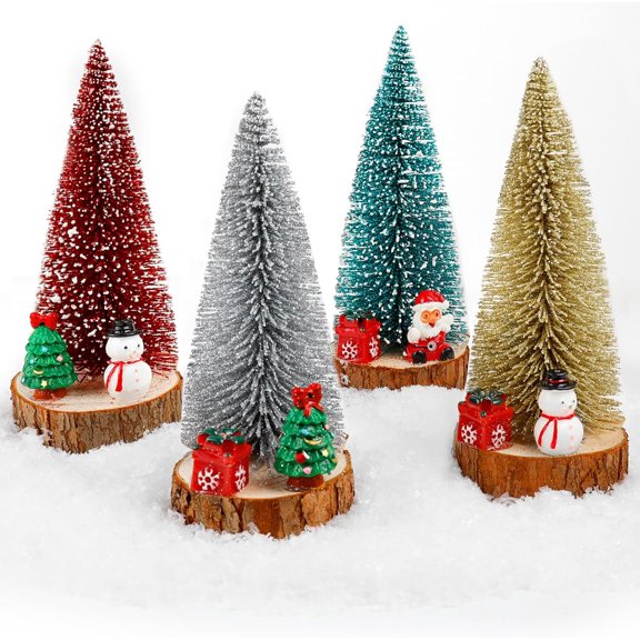 4 Pcs Mini Xmas Tree, Bottle Brush Trees with Wooden Base Artificial Small Xmas Tree Christmas Decor Christmas Sisal Snow Trees for Home Tabletop Christmas Decorations