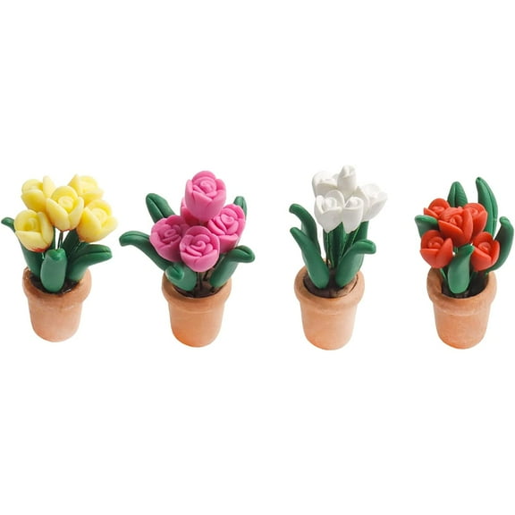 4 Pcs Miniature Potted Plant Flower Model 1:12 Scale Mini Clay Tulip Flower Miniature Bonsai Plant Model for Mini House Decor Mini Garden Micro Landscape Decoration