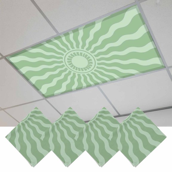 4 Pcs Mint Green Radiant Sun Fluorescent Light Covers Abstract Wavy Sunbeams Rings Boho Eclectic Magnetic Light Covers for Ceiling Lights 4 x 2 ft Drop Ceiling Lights Cover Shade for Office, Home,