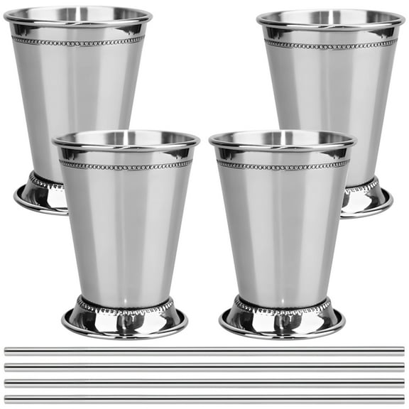 4 Pcs Mint Julep Cups with 4 Straws, Stainless Steel Cocktail Glasses Set, Copper Coated, 12 oz, Ideal for Mojitos, Includes Straws and Gift Box