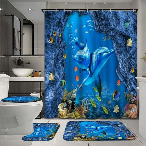 4 Pcs Modern Geometric Bathroom Shower Curtain Sets with Rugs, Gold Bathroom Sets with Shower Curtain and Rugs, Abstract Bathroom Decor Sets with Mats and Towels