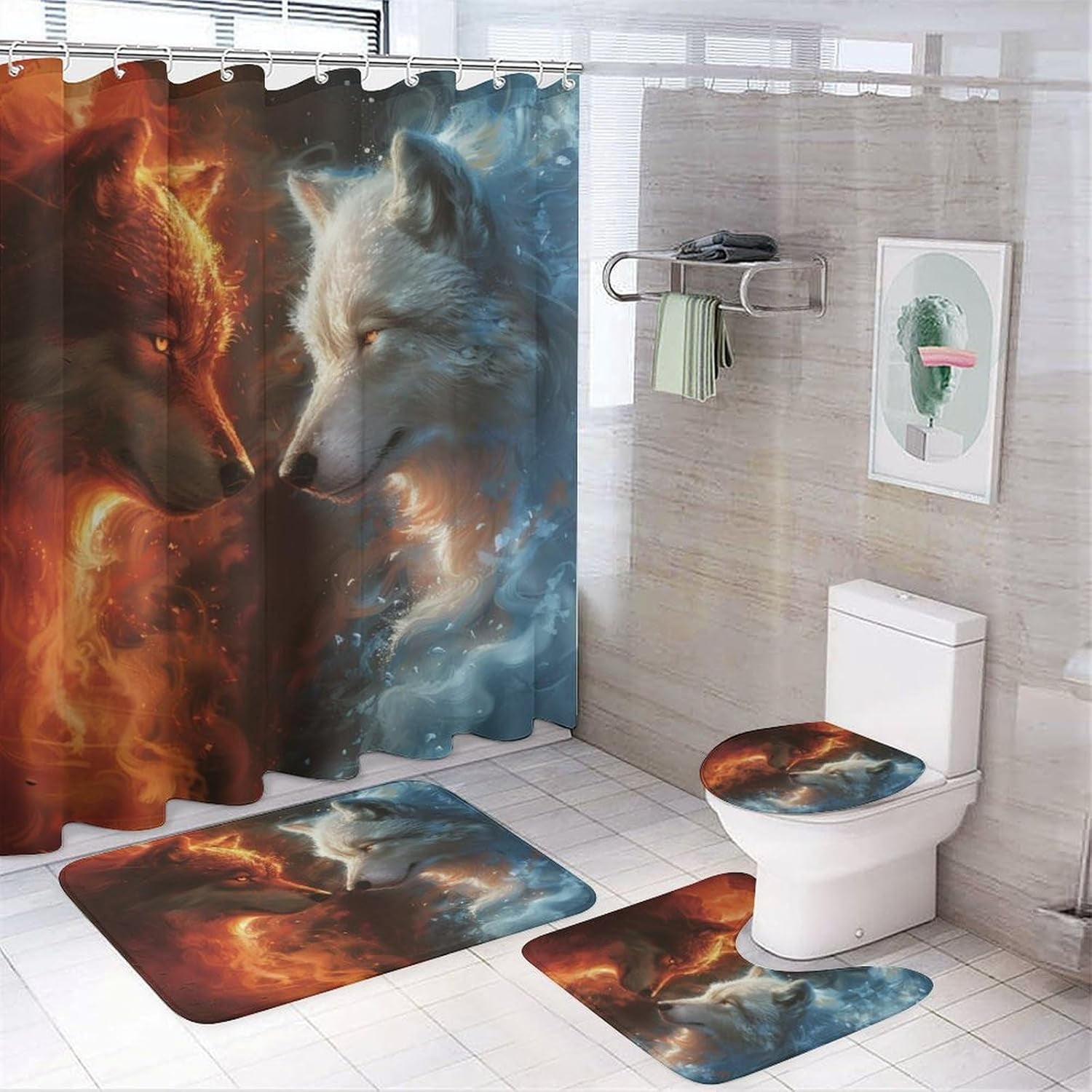 Wolves Bath 4 Pcs Modern Japanese Yin Yang Wolf Shower Curtain Set 12 Hooks ...
