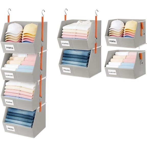 4 Pcs Modular Closet Organizer - Detachable & Foldable Hanging Storage Cubes, 88L Total Capacity, Heavy Duty Fabric Shelves for Wardrobe, Closet Organization, RV, Dorm, Grey
