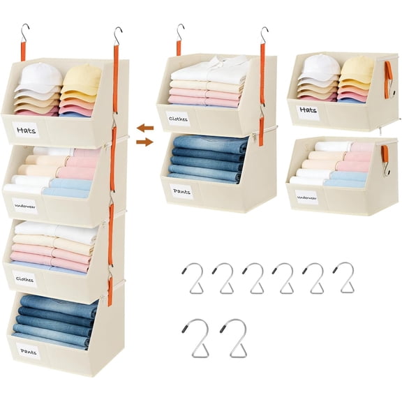 4 Pcs Modular Closet Organizer - Detachable & Foldable Hanging Storage Cubes, 88L Total Capacity, Heavy Duty Fabric Shelves for Wardrobe, Closet Organization, RV, Dorm, Beige