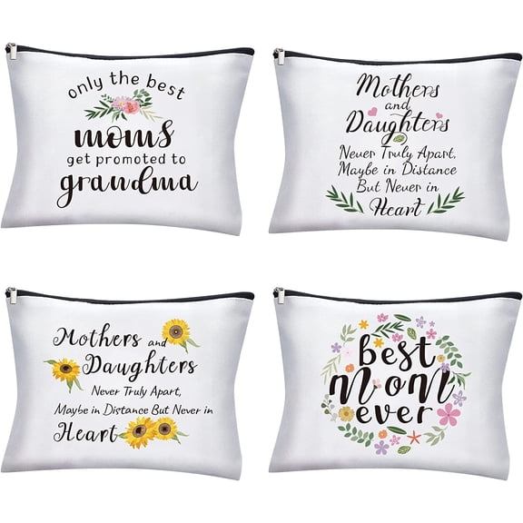 4 Pcs Mom Makeup Bag with Different Pattern 9x7 Inch Cosmetic Zipper Pouch for Purse Organizer Cosmetic Bag Travel Make Up Pouch for Mom & Daughter's Birthday Mother's Day Gift Making DIY
