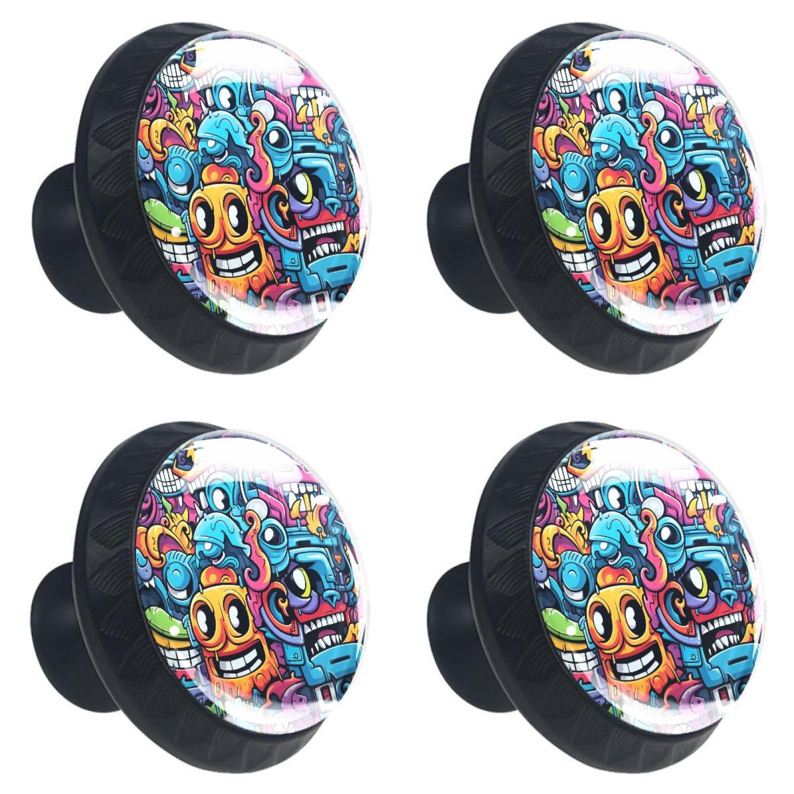 4 Pcs Monster Doodle Print Cabinet Knobs 30mm Round Crystal Glass ...