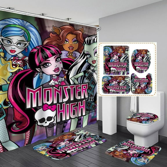 4 Pcs Monster High Curtain Set Watercolor Monster High Bathroom Sets Modern Home Bathroom Decor with Rugs and Toilet Lid Cover