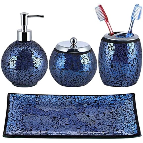 4 Pcs Mosaic Glass Bathroom Accessories Set, Modern Luxury Bath Ensemble, Includes Soap Dispenser, Cotton Swab Jar, Toothbrush Holder, Vanity Tray (Shiny Blue)