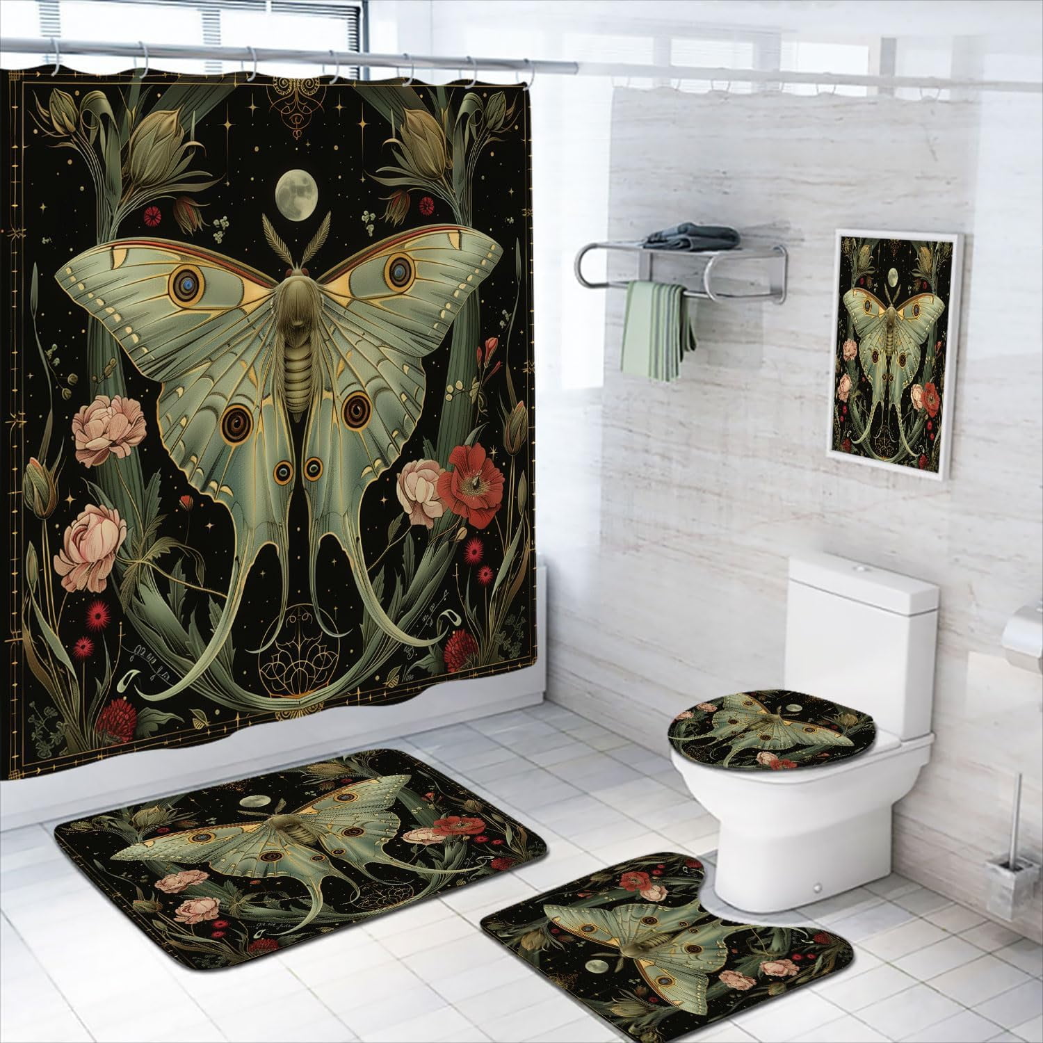 4 Pcs Moth Shower Curtain Set with Rugs,Toilet Lid Cover, Bath Mat Fantastical Colorful ...