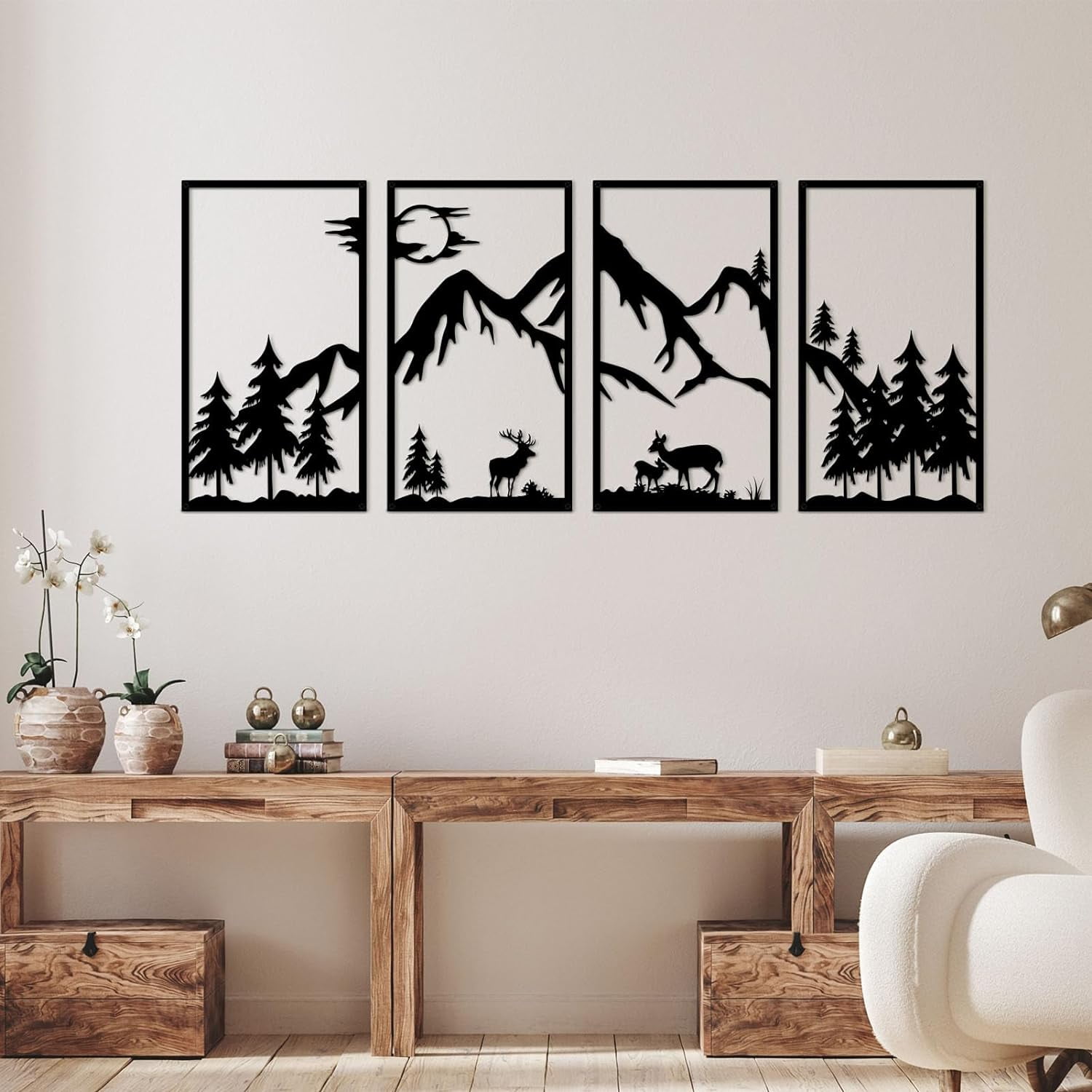 4 Pcs Mountain Scene Metal Wall Decor, Black Line Drawing Wall Art ...